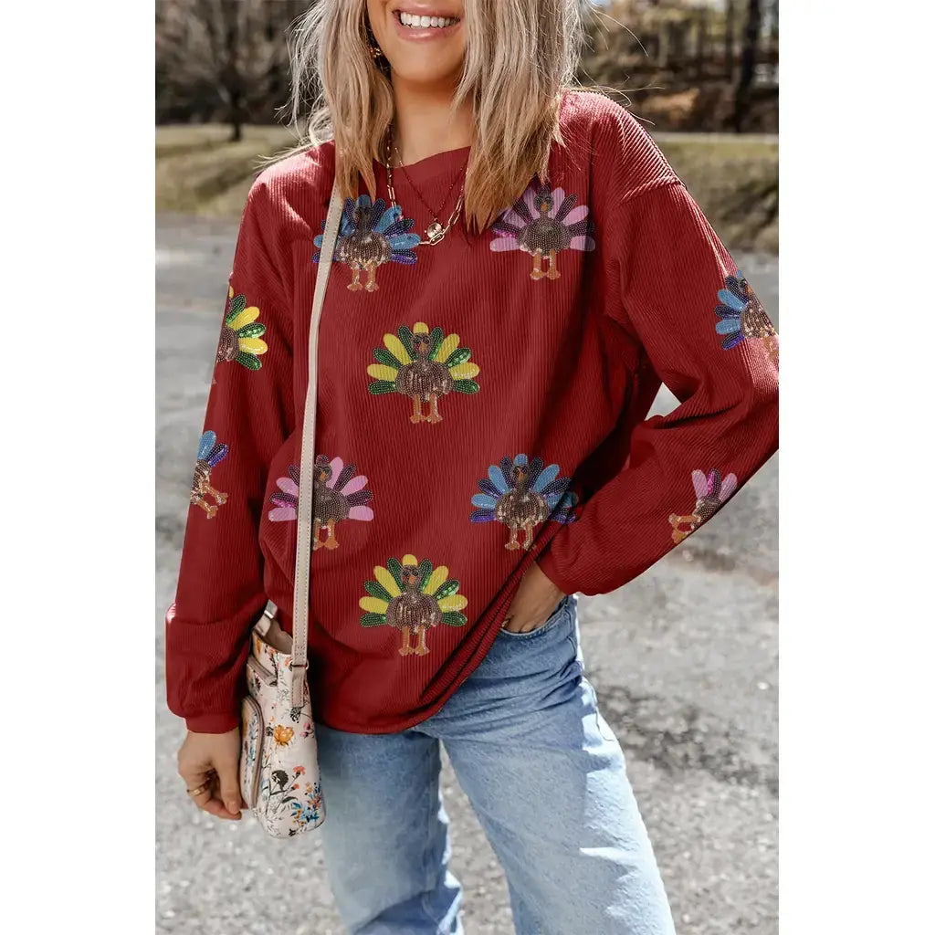 Racing Red Turkey Graphic Corded Baggy Sweatshirt