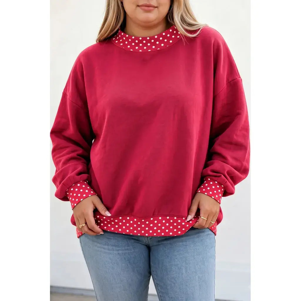 Red Dahlia Polka Dot Patchwork Round Neck Plus Size Sweatshirt