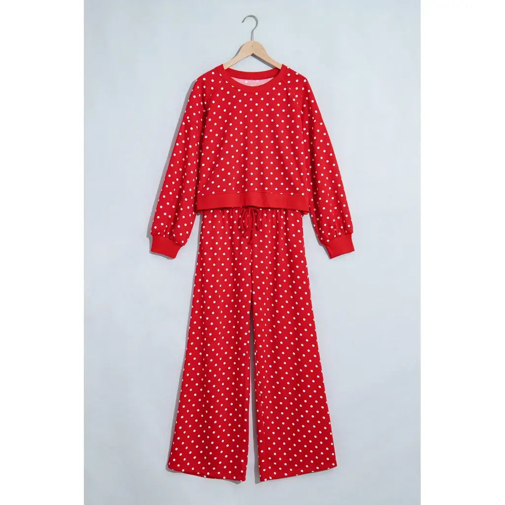 Red Polka Dot Drawstring Wide Leg Long Sleeve Top Pant Set
