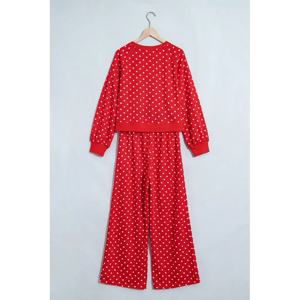 Red Polka Dot Drawstring Wide Leg Long Sleeve Top Pant Set
