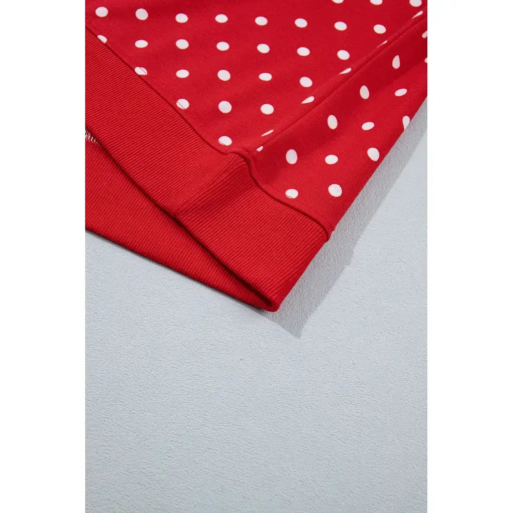 Red Polka Dot Drawstring Wide Leg Long Sleeve Top Pant Set