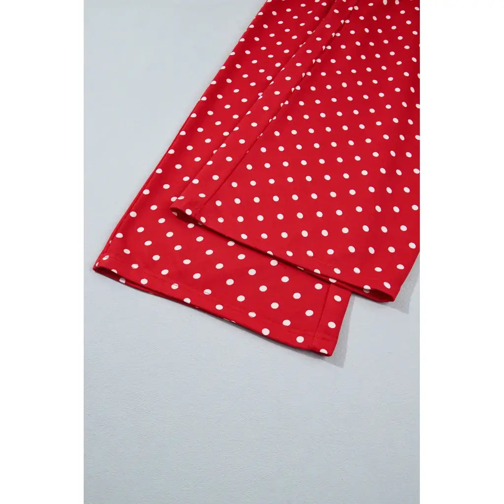 Red Polka Dot Drawstring Wide Leg Long Sleeve Top Pant Set