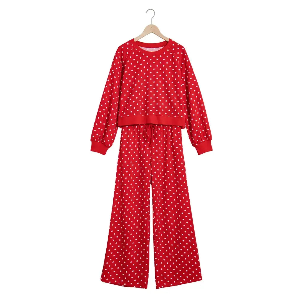 Red Polka Dot Drawstring Wide Leg Long Sleeve Top Pant Set