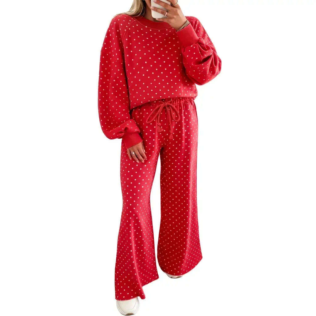 Red Polka Dot Drawstring Wide Leg Long Sleeve Top Pant Set