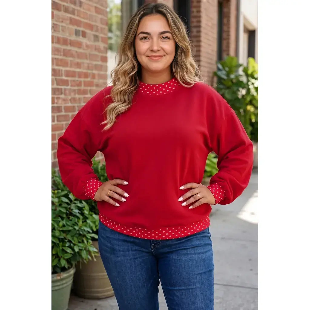 Red Polka Dot Patchwork Round Neck Plus Size Sweatshirt