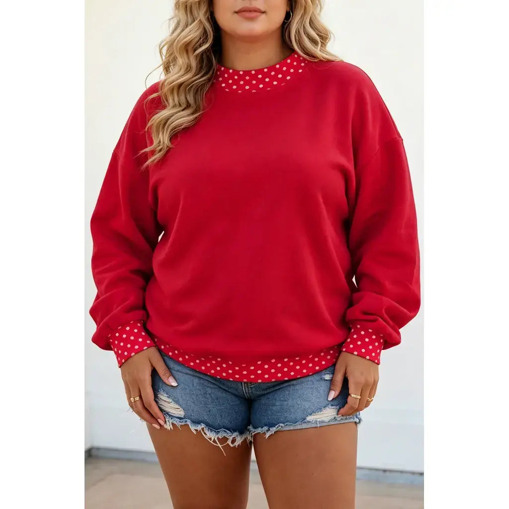 Red Polka Dot Patchwork Round Neck Plus Size Sweatshirt