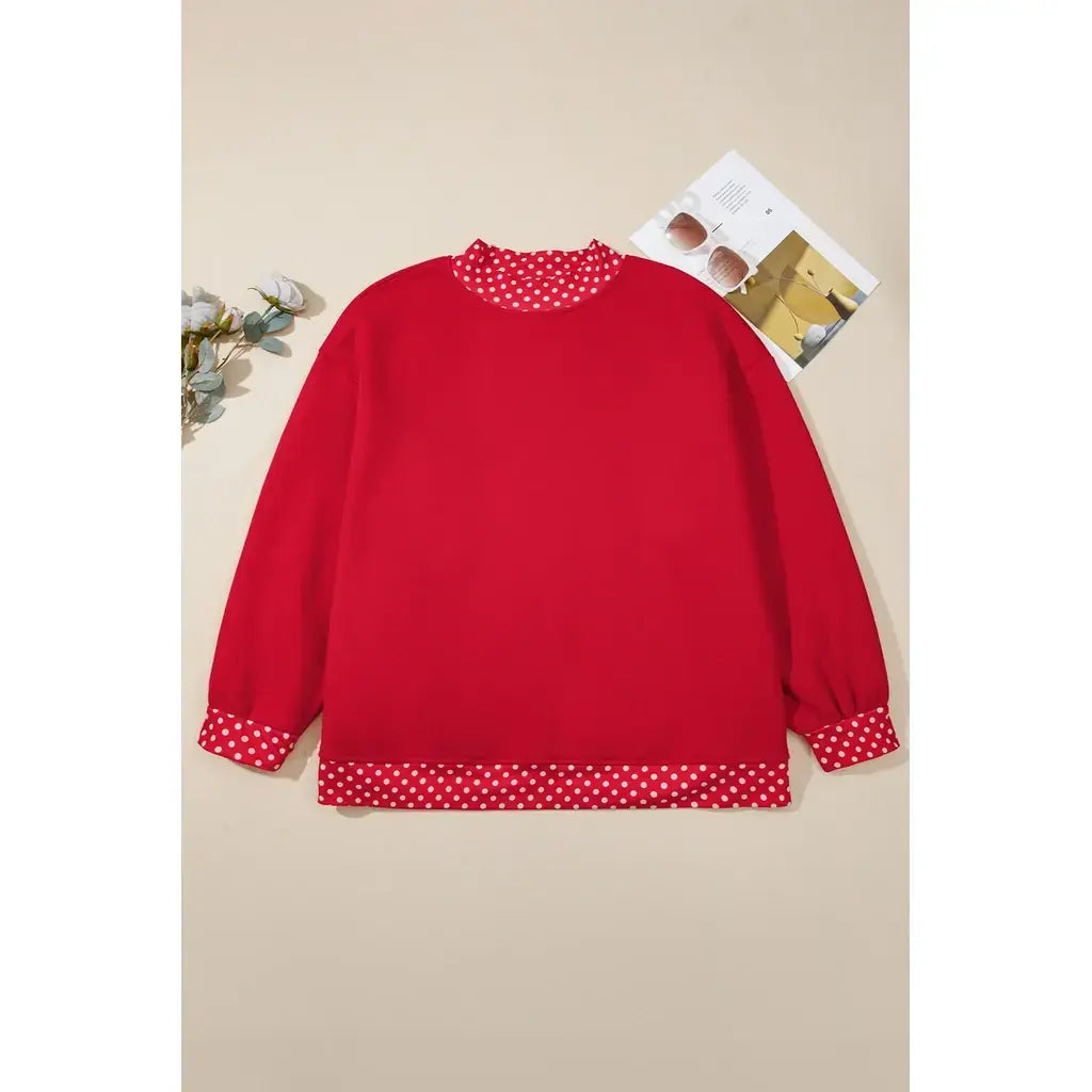 Red Polka Dot Patchwork Round Neck Plus Size Sweatshirt