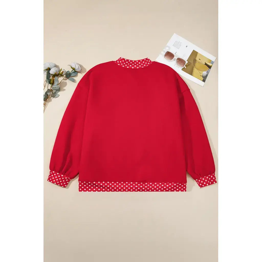 Red Polka Dot Patchwork Round Neck Plus Size Sweatshirt