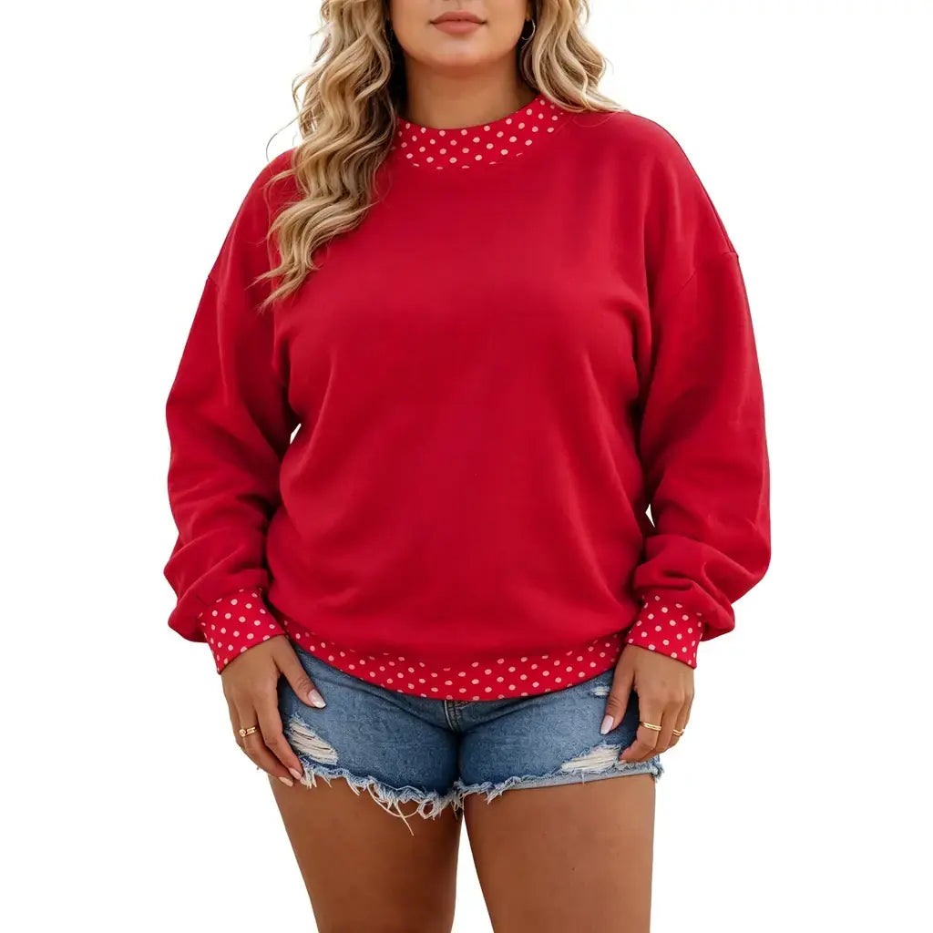 Red Polka Dot Patchwork Round Neck Plus Size Sweatshirt