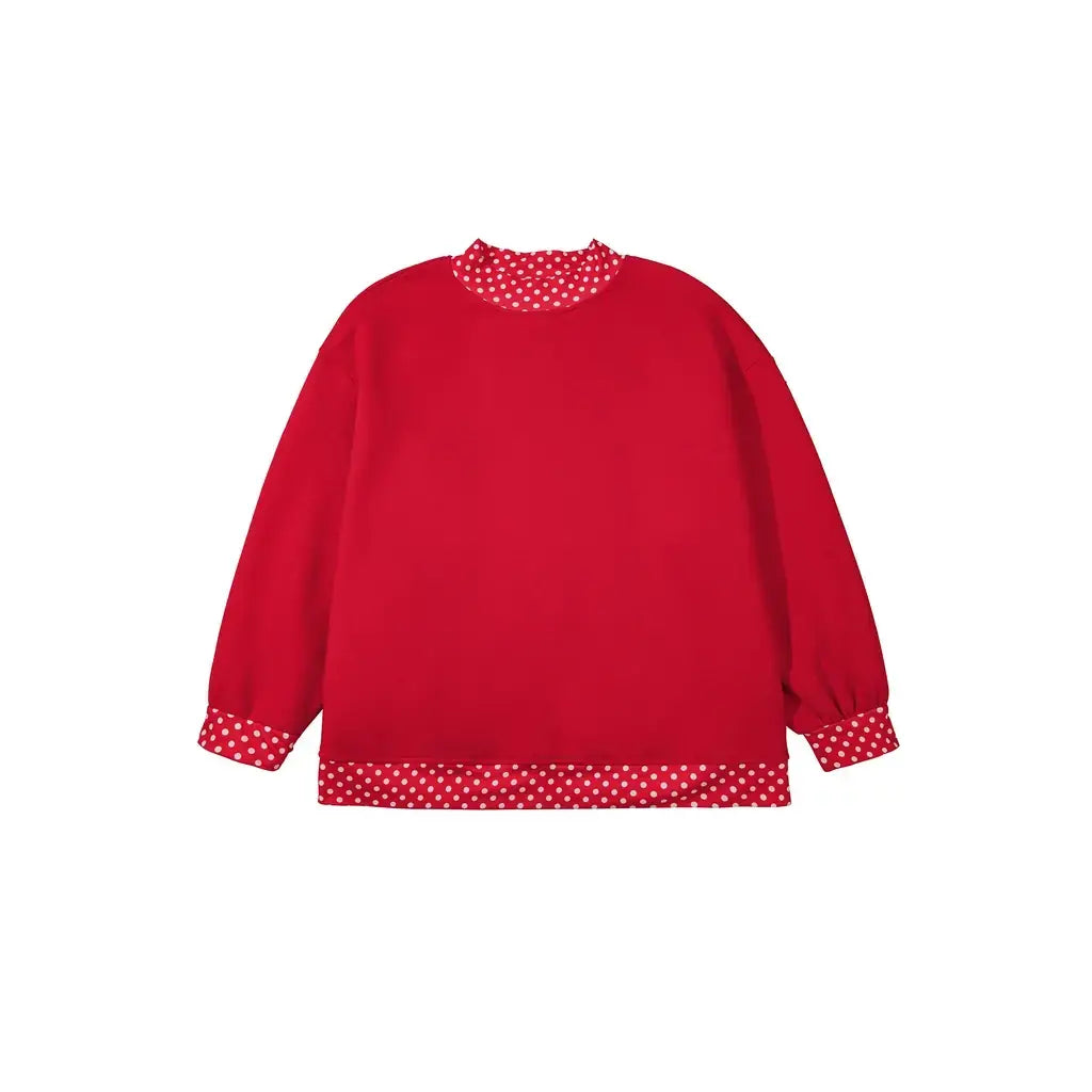Red Polka Dot Patchwork Round Neck Plus Size Sweatshirt