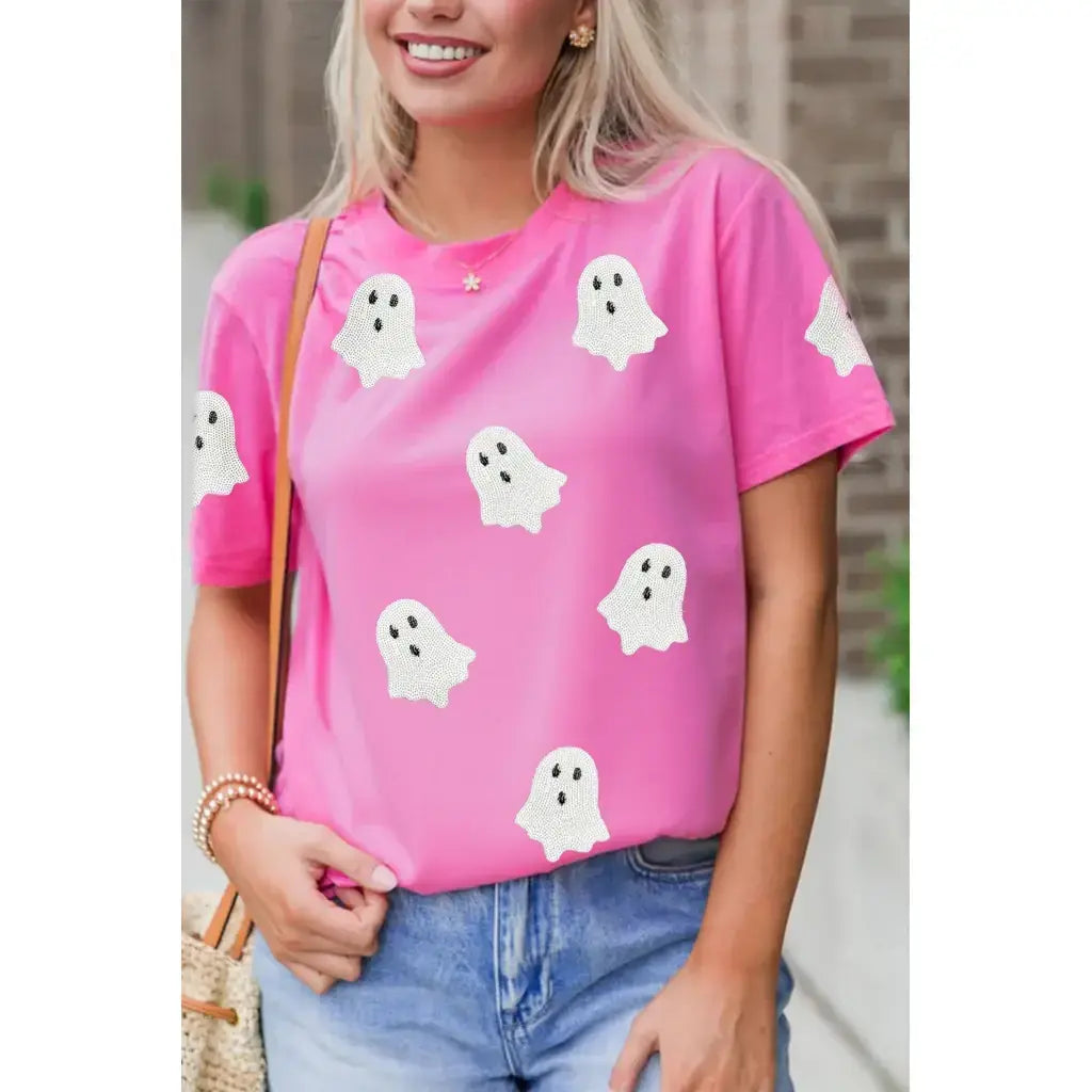 Sachet Pink Sequin Halloween Ghost Patched Casual T Shirt