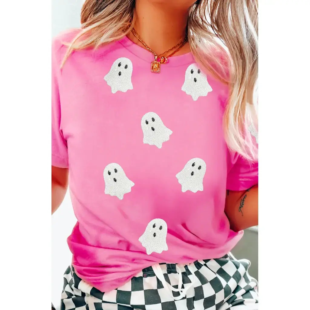 Sachet Pink Sequin Halloween Ghost Patched Casual T Shirt