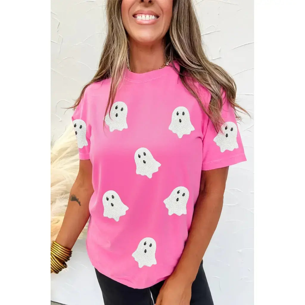 Sachet Pink Sequin Halloween Ghost Patched Casual T Shirt