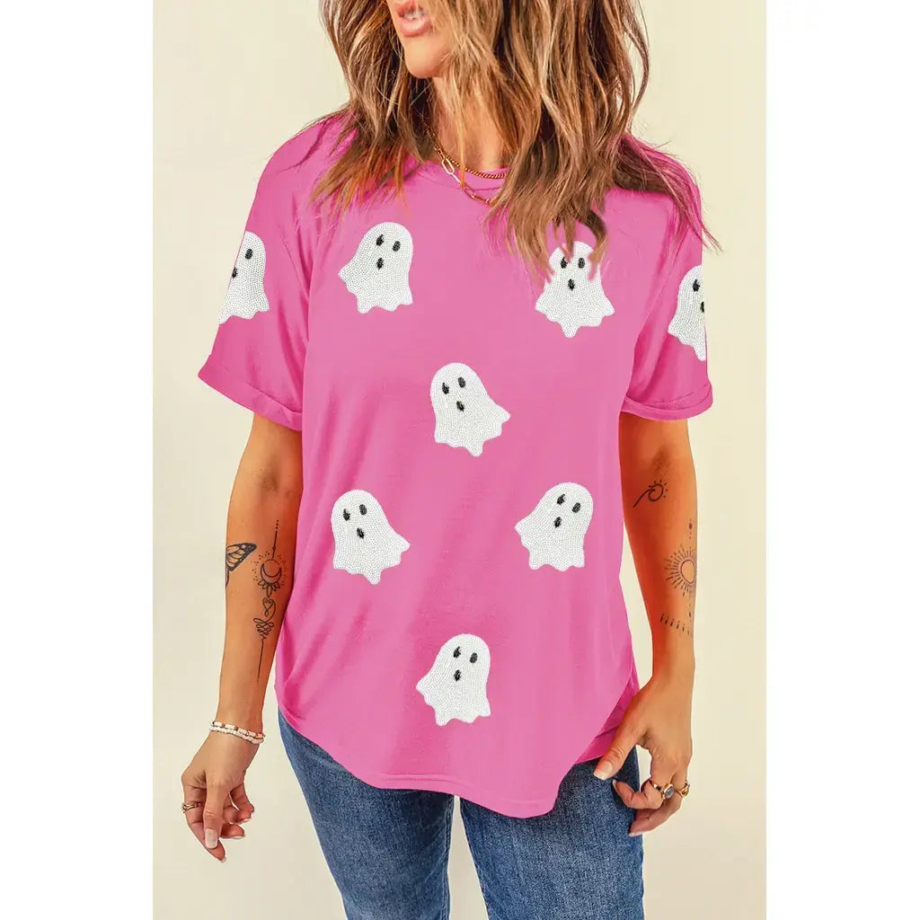 Sachet Pink Sequin Halloween Ghost Patched Casual T Shirt
