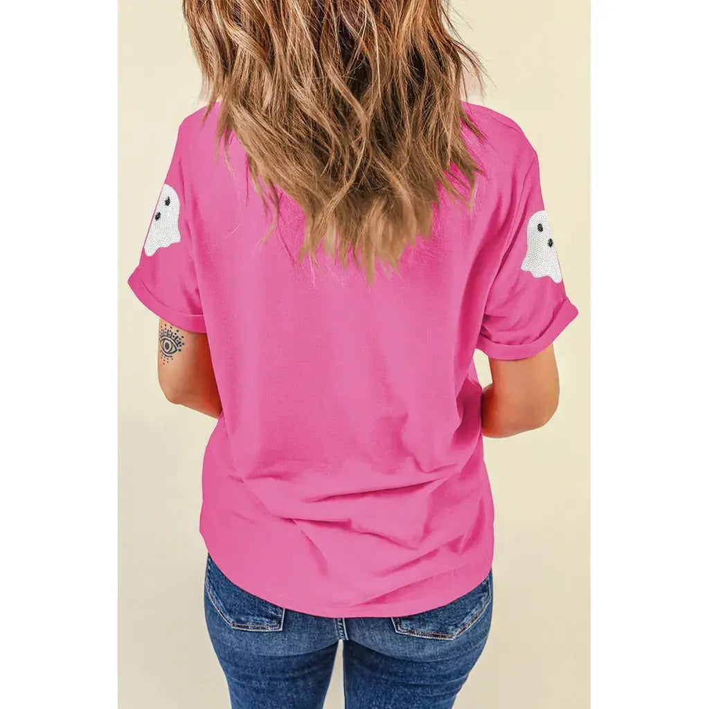 Sachet Pink Sequin Halloween Ghost Patched Casual T Shirt