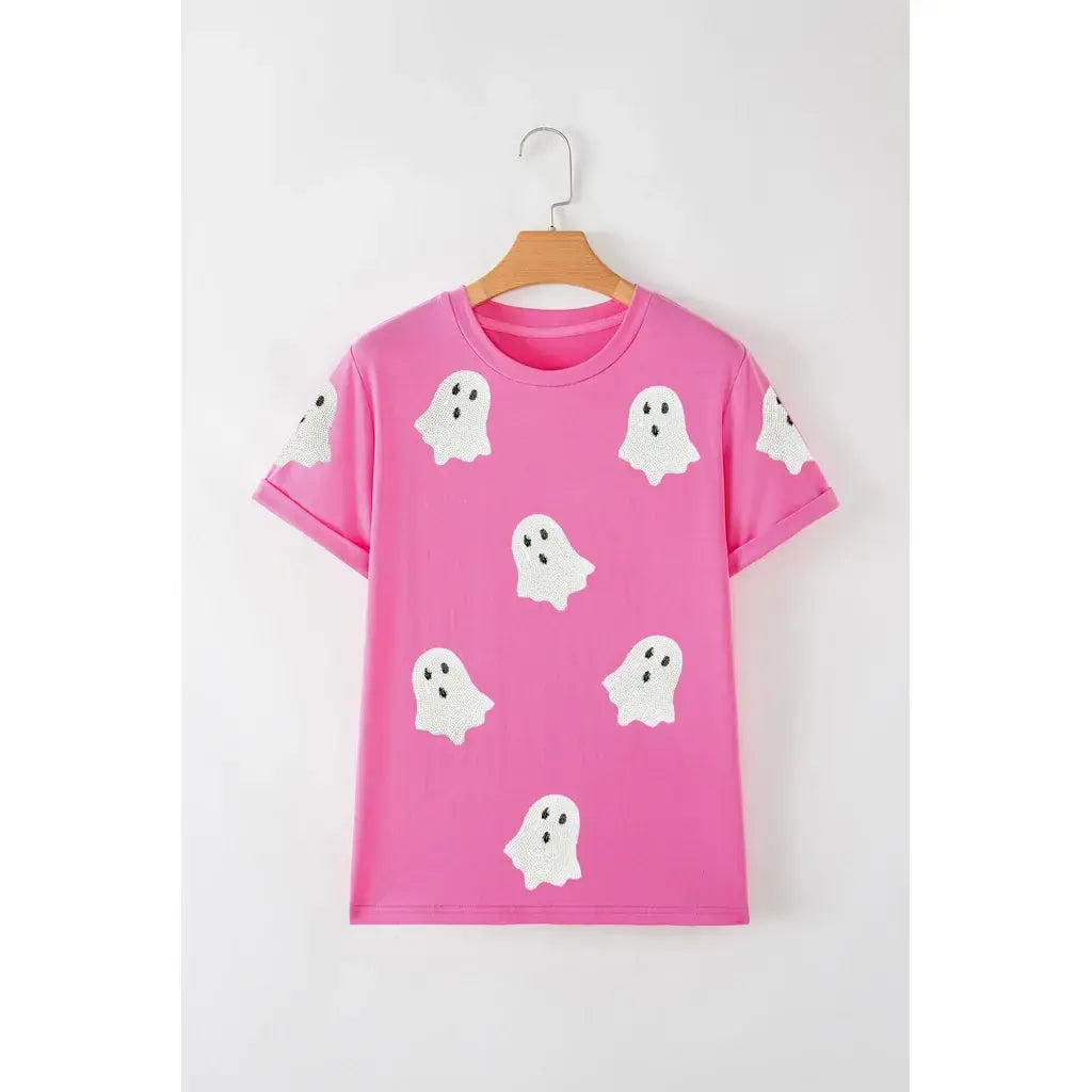Sachet Pink Sequin Halloween Ghost Patched Casual T Shirt
