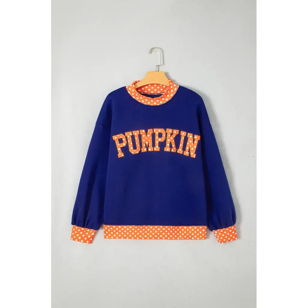 Sail Blue Polka Dot Letter Print Contrast Trim Mock Neck Sweatshirt