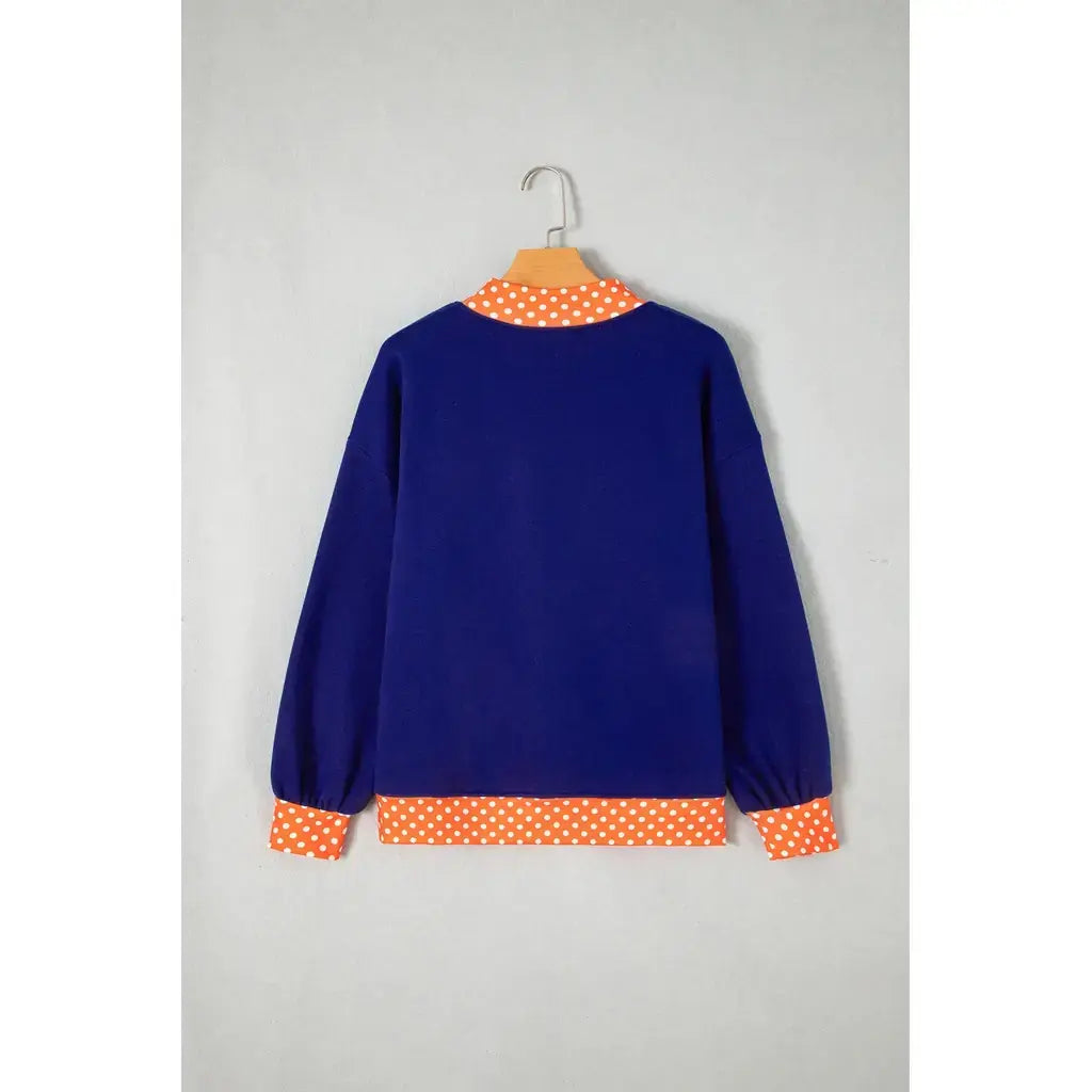Sail Blue Polka Dot Letter Print Contrast Trim Mock Neck Sweatshirt