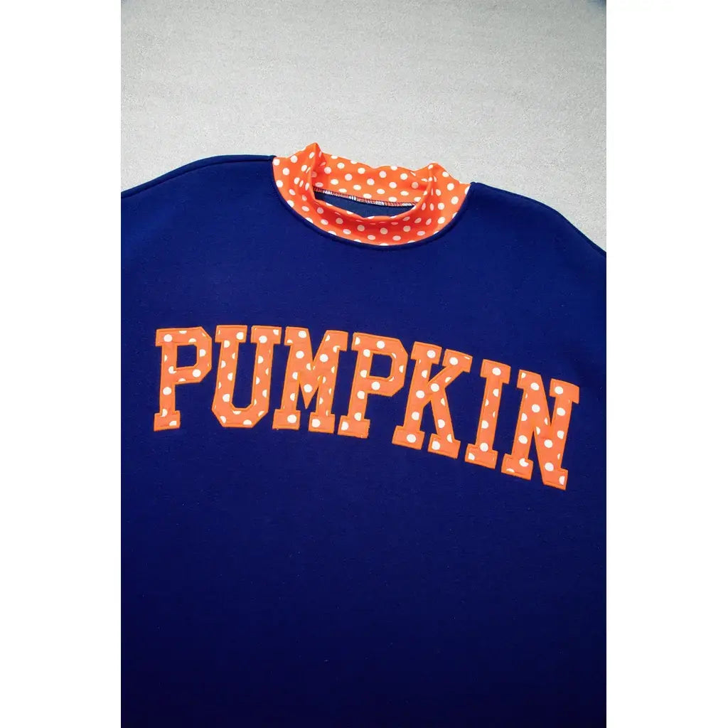 Sail Blue Polka Dot Letter Print Contrast Trim Mock Neck Sweatshirt