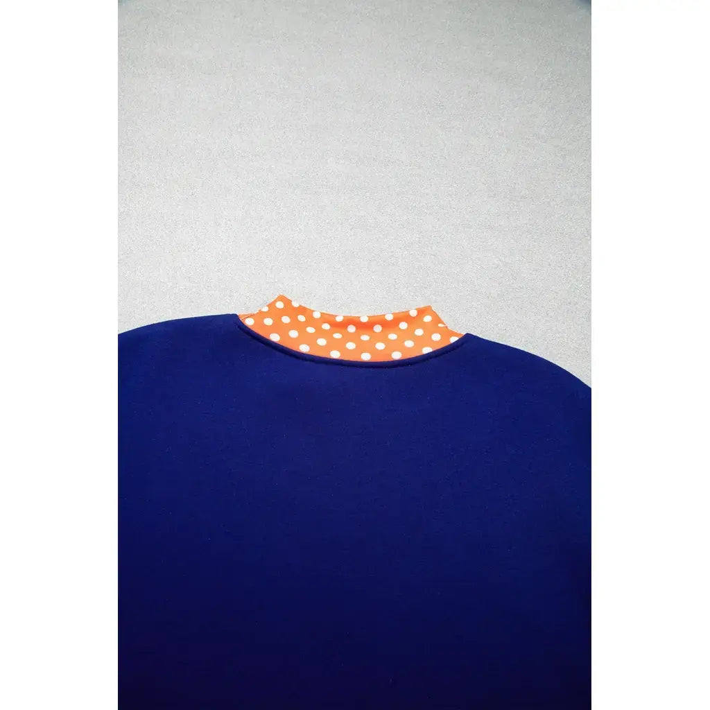 Sail Blue Polka Dot Letter Print Contrast Trim Mock Neck Sweatshirt