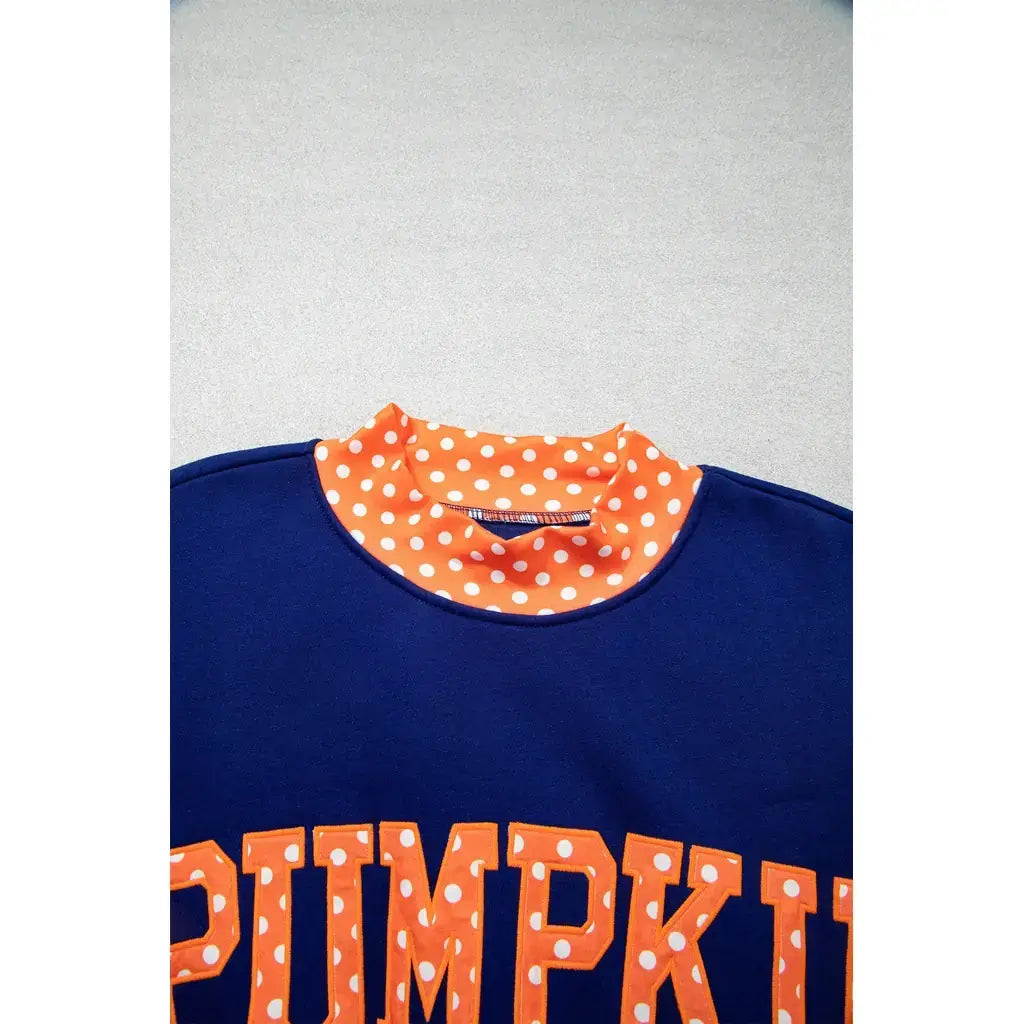 Sail Blue Polka Dot Letter Print Contrast Trim Mock Neck Sweatshirt