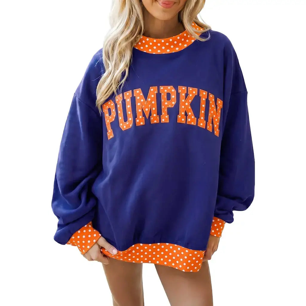 Sail Blue Polka Dot Letter Print Contrast Trim Mock Neck Sweatshirt