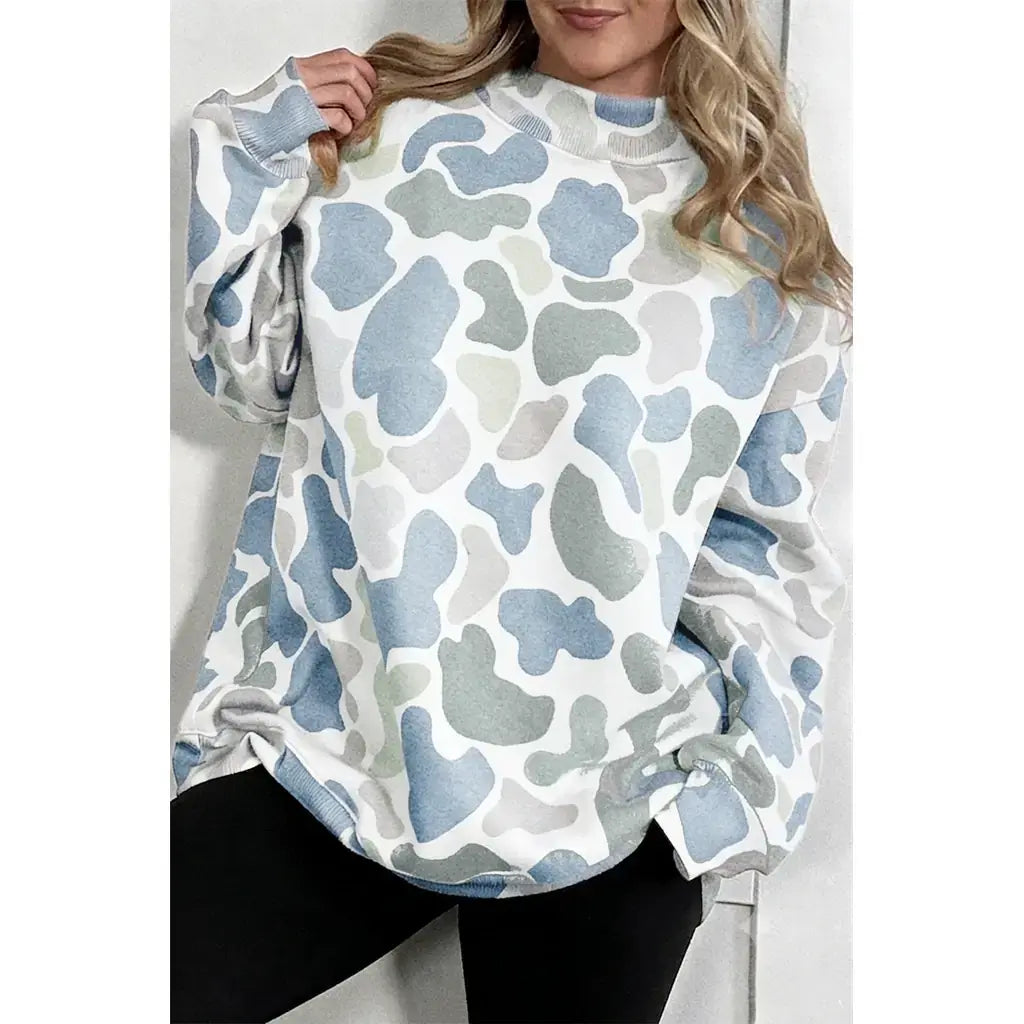 Sky Blue Camouflage Western Style Pullover Sweatshirt