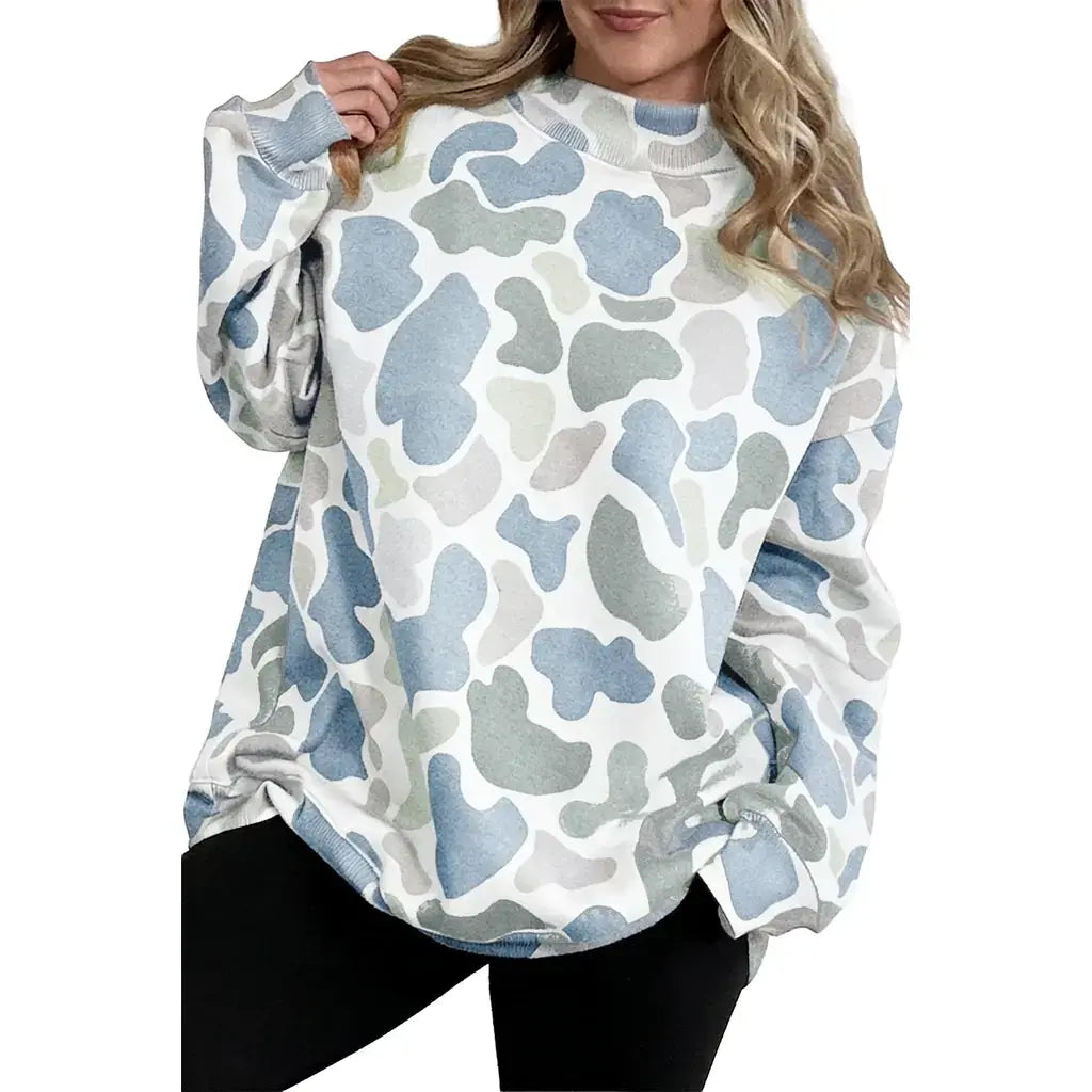 Sky Blue Camouflage Western Style Pullover Sweatshirt