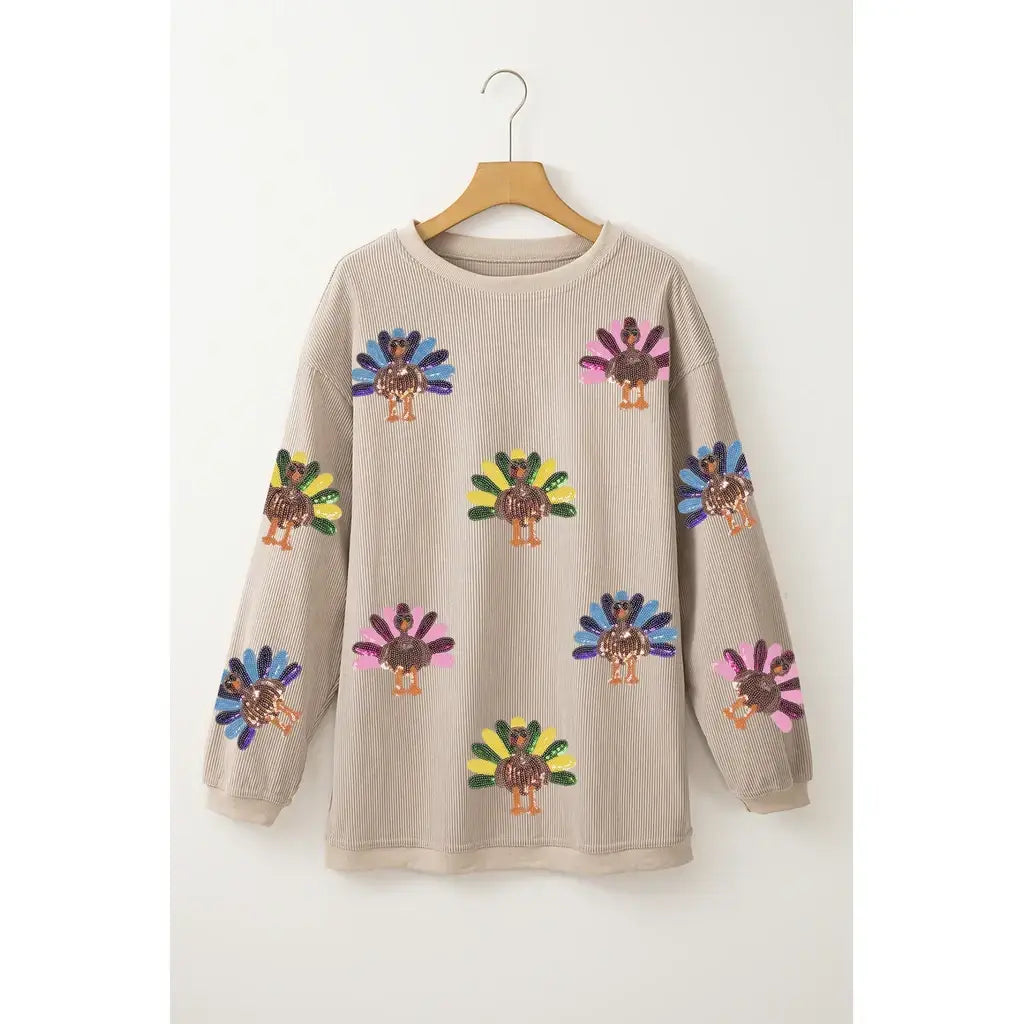 Smoke Gray Turkey Graphic Corded Baggy Sweatshirt