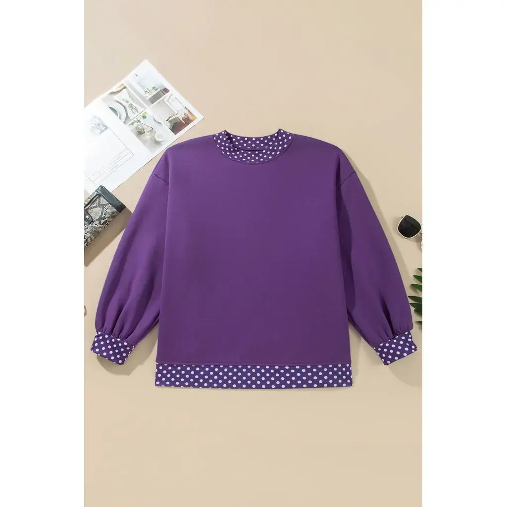 Tillandsia Purple Polka Dot Patchwork Round Neck Plus Size Sweatshirt