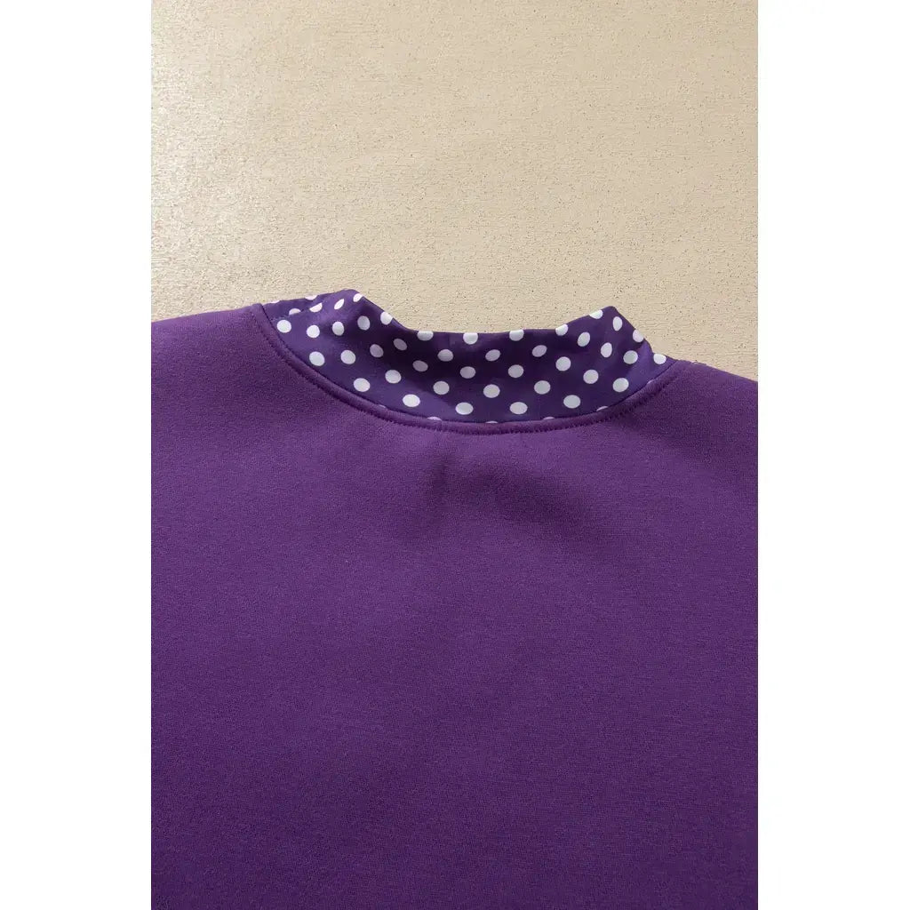 Tillandsia Purple Polka Dot Patchwork Round Neck Plus Size Sweatshirt