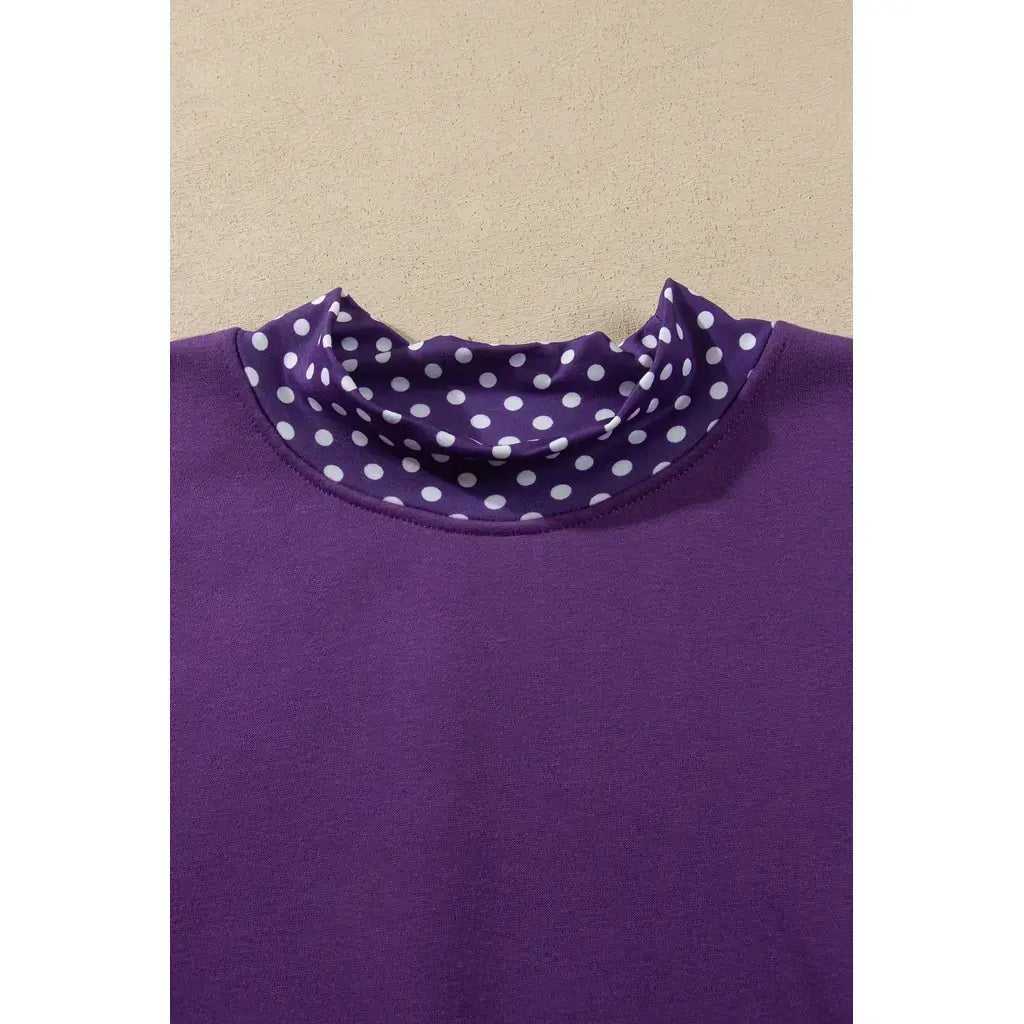 Tillandsia Purple Polka Dot Patchwork Round Neck Plus Size Sweatshirt