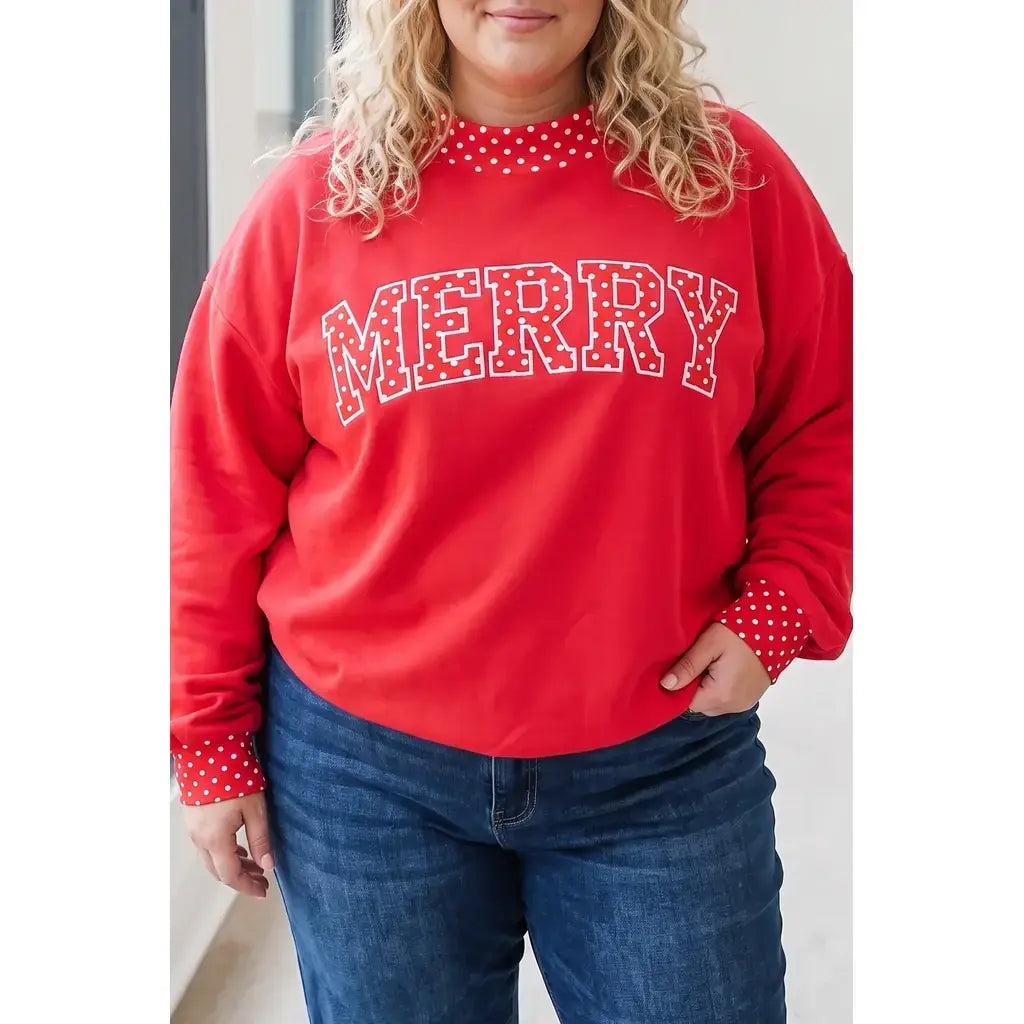 Tomato Red Casual Polka Dot Patchwork Letter Graphic Plus Size Sweatshirt