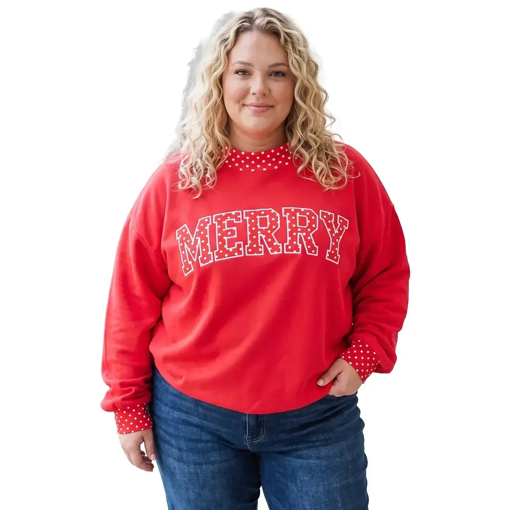 Tomato Red Casual Polka Dot Patchwork Letter Graphic Plus Size Sweatshirt