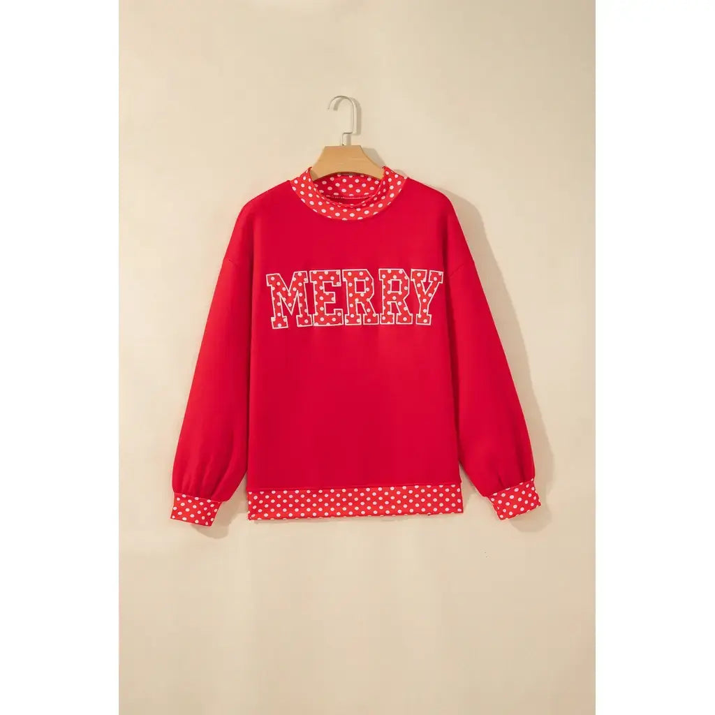 Tomato Red Polka Dot Letter Print Contrast Trim Mock Neck Sweatshirt