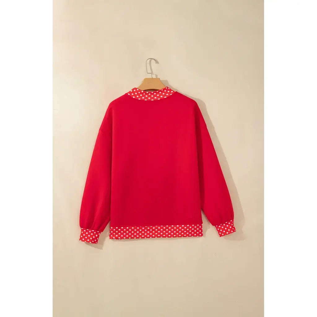 Tomato Red Polka Dot Letter Print Contrast Trim Mock Neck Sweatshirt