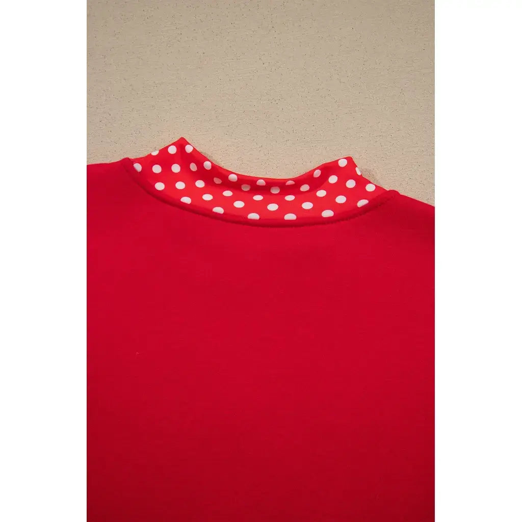 Tomato Red Polka Dot Letter Print Contrast Trim Mock Neck Sweatshirt