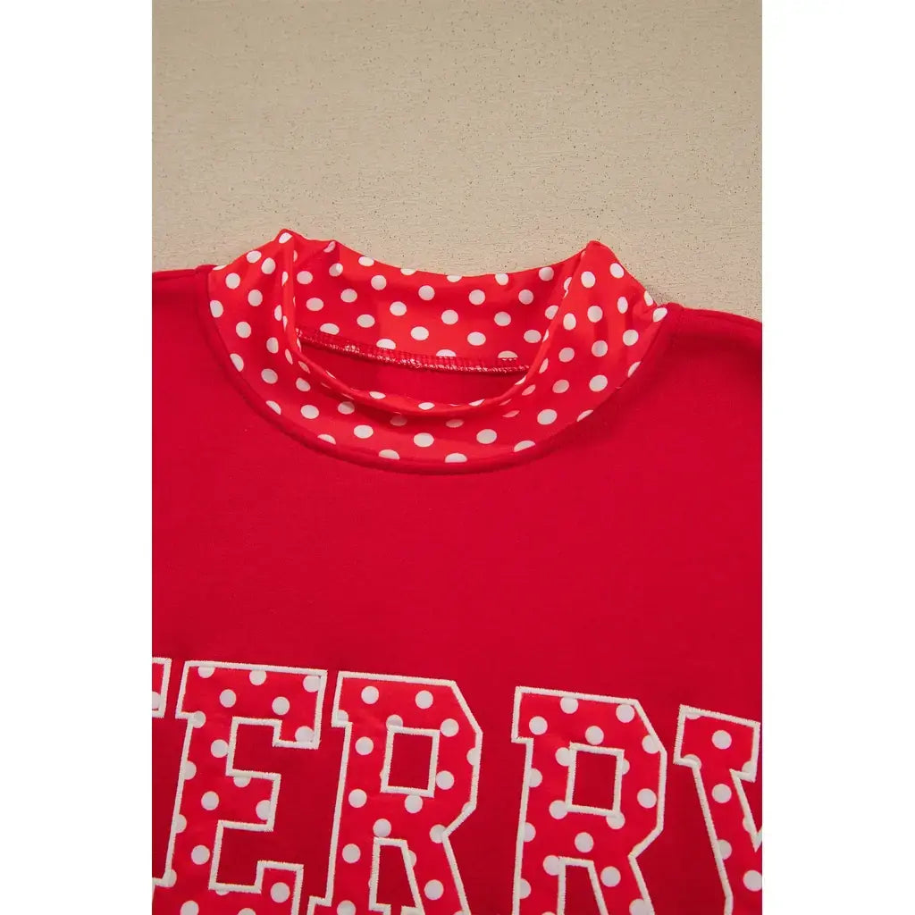 Tomato Red Polka Dot Letter Print Contrast Trim Mock Neck Sweatshirt