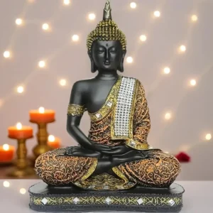 Global Grabbers Sitting Buddha Idol Statue Showpiece (Orange and Black)