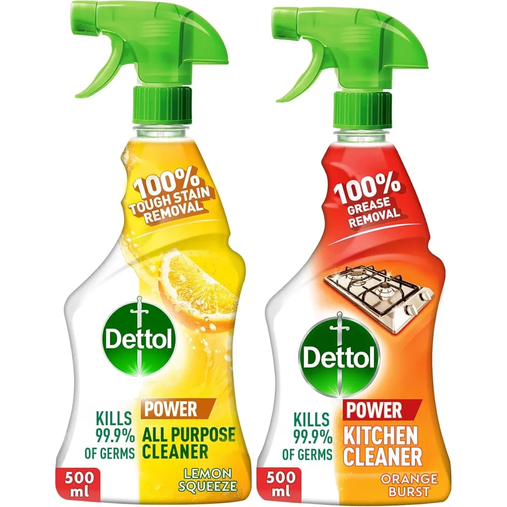 Dettol All Purpose Cleaner Spray Bottle, Lemon Scent + Dettol Kitchen Cleaner Spray Bottle, Orange Scent, ml x