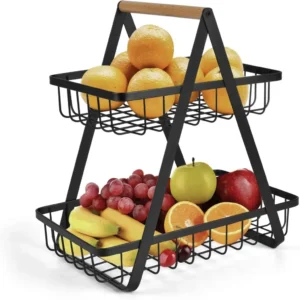 Tier Countertop Fruit Storage Basket, Vegetable Rack Bread Display Stand for Kitchen, Black