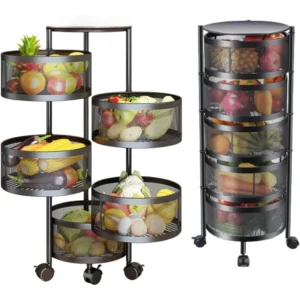 SKY-TOUCH Tier Kitchen Storage Shelf, Rotatable Fruit Vegetable Basket, Circular Rotating Basket Large Storage Rack with Movable Wheels