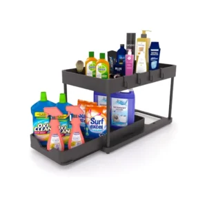 Qunix Pc Under Sink Organiser Multi-Purpose Storage Cabinet Organiser For Kitchen & Bathroom Space Saver -Tier Sliding Rack For Workspace Compactable Nonslip Stand For Laundry With HooksBlack
