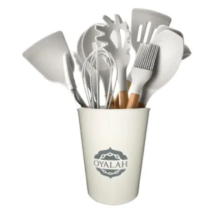 Pieces Silicone Cooking Utensils Set, Nonstick Cookware Set with Storage Bucket, Heat Resistant Kitchen Untensils Set with Premium Wood Handles (Black)