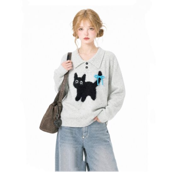 Autumn And Winter Loose Grey Retro Cute Style Cat Polo Sweater For Women