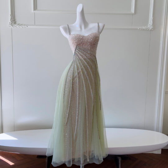 Pale Emerald Green Long-Line Waist-Cinching Strap Evening Dress