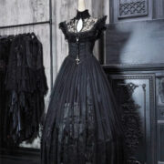 Gothic Dark Lace Flocking Hollow-out Printed Ball Gown Long Dress