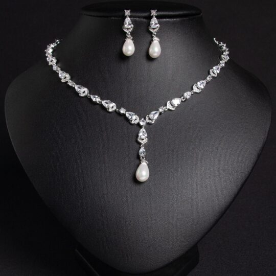 European And American Simple Bridal Jewelry Suit Clavicle Chain Hollow Water Drop Pearl Pendant Necklace Copper Zircon Earrings Accessories