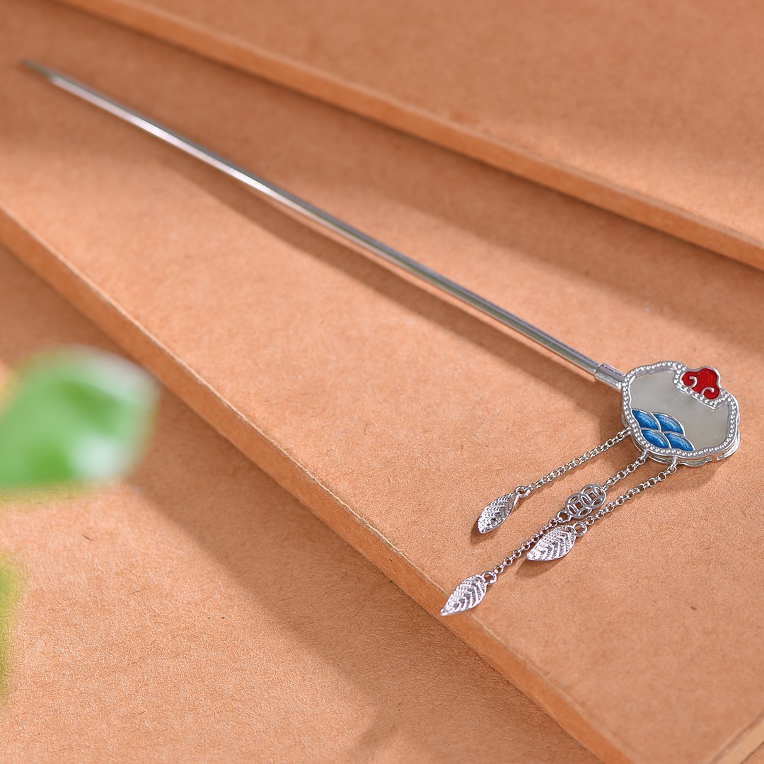 Hetian Jade S925 Silver Lock Of Good Wishes Hairpin High-grade Enamel South Red Cheongsam Hanfu Updo Hair Clasp - Image 4