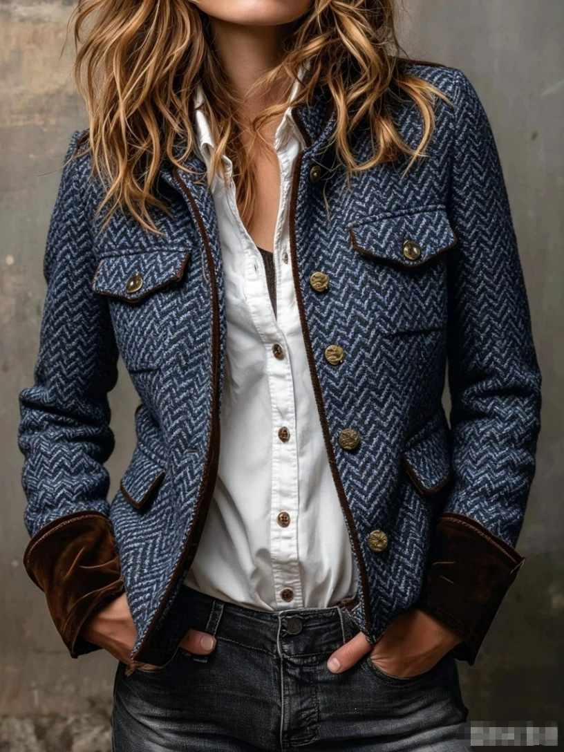 European And American Cross-border Autumn And Winter Independent Station Retro Herringbone Tweed Suit Jacket With Velvet Trim - Image 10